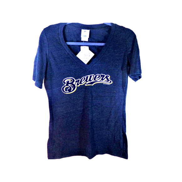 MLB Brewers Womens T SHIRT Large Milwaukee Baseball Navy Short Sleeve New Logo - Picture 2 of 4